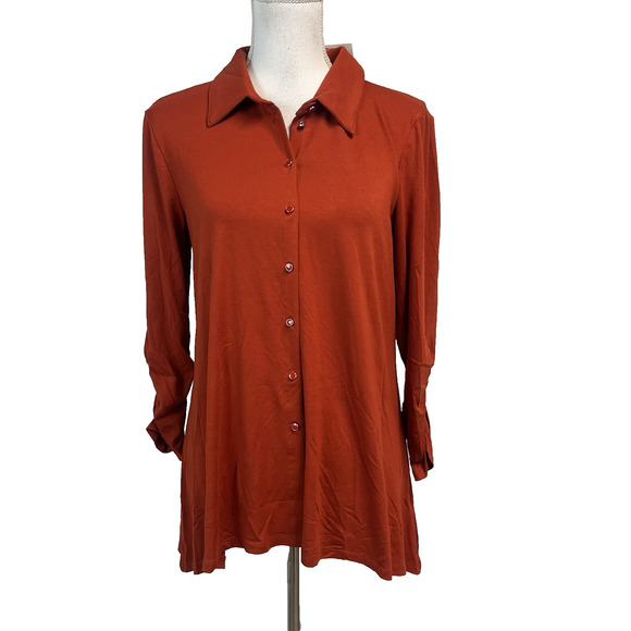New Direction Snap Front Shirt Tunic size Medium Burnt Orange Jersey Stretch - Picture 1 of 8